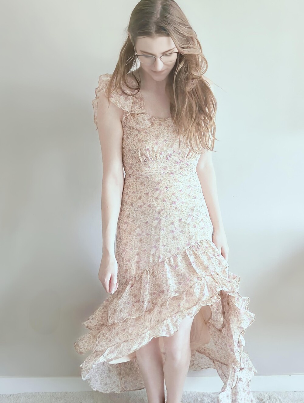 ASTR the Label Magnolia Cream Blush Floral Ruffle High-Low Asymmetric Dress XS